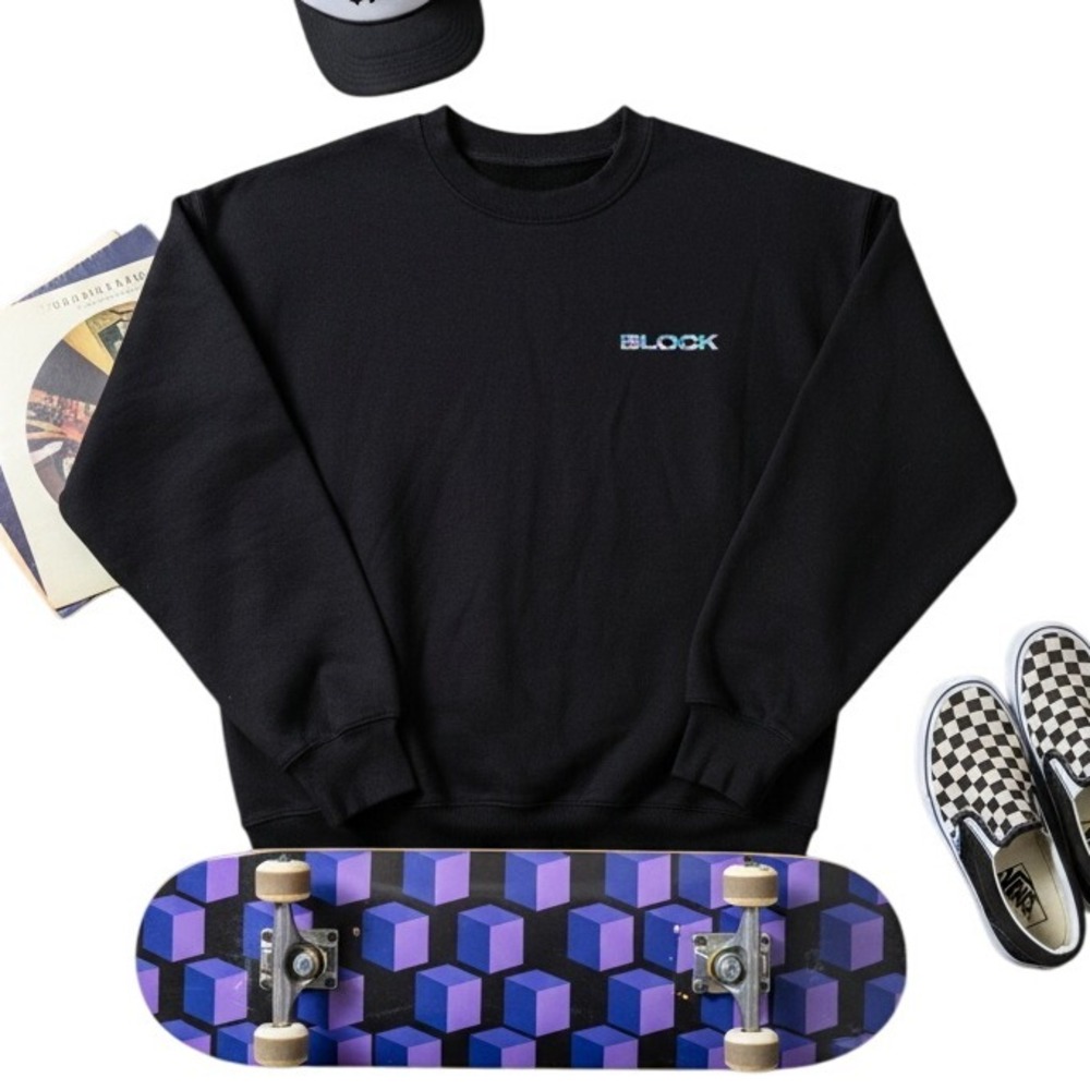 BLOCK Crewneck Sweatshirt Pullover Black Graphic Comfy Everyday skater L